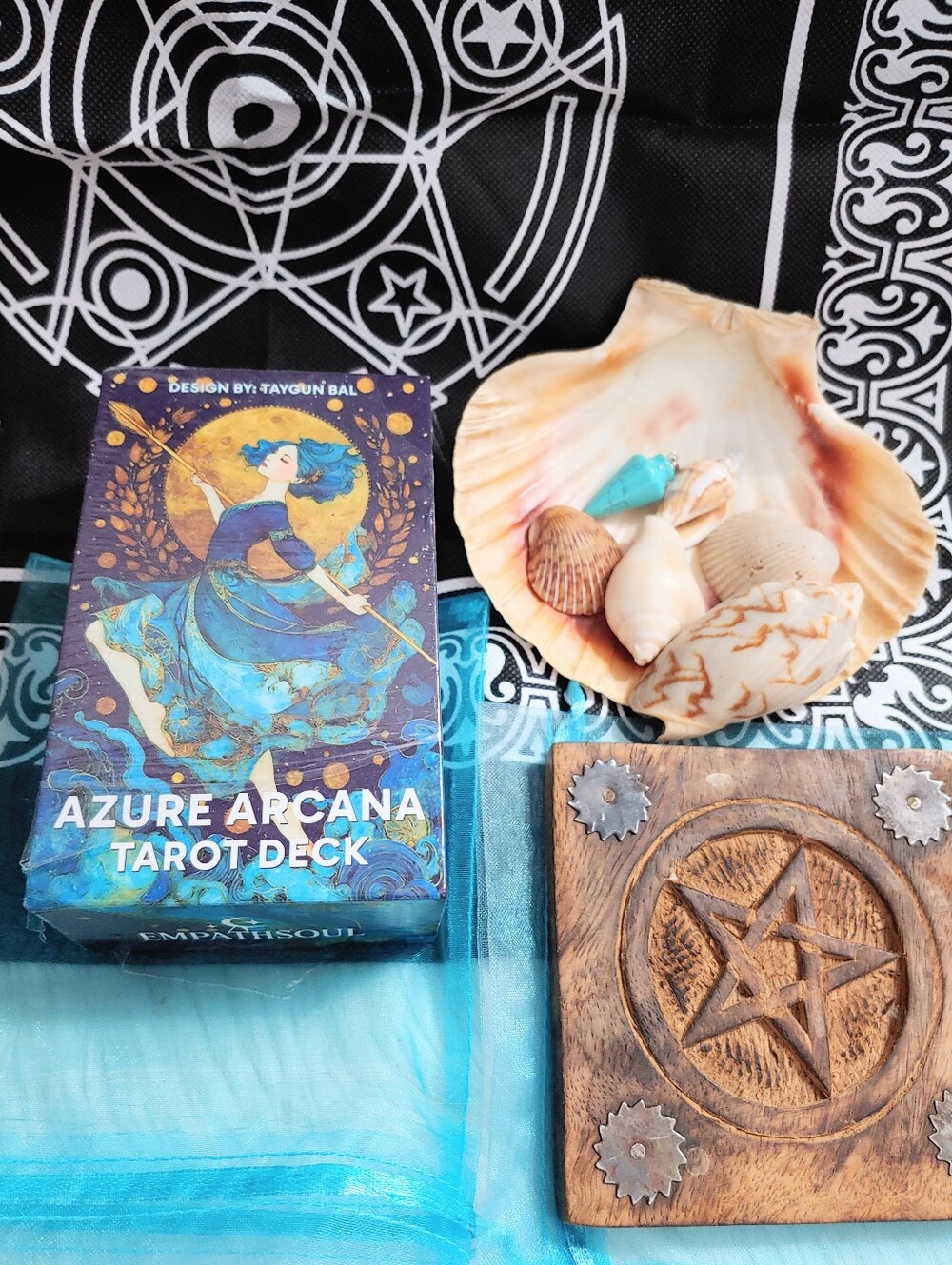 Azure Arcana Tarot Deck & Accessory Set w/ Pendulum, Wooden Pentagram Coasters